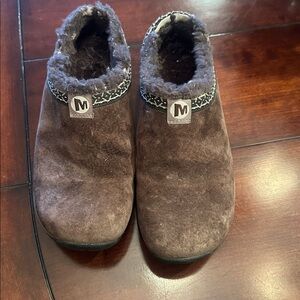 Merrell Womens Brown Suede Slip-On Mules Fur Lined